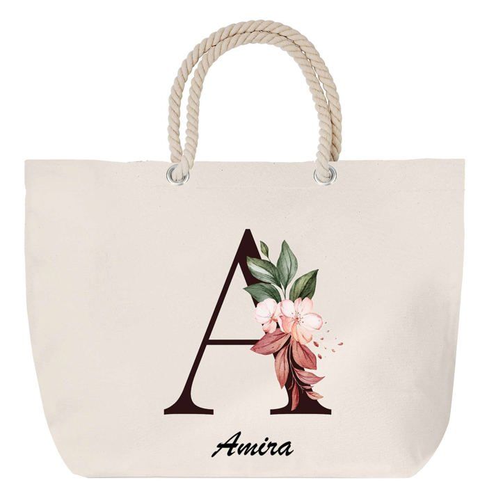 Sac de plage anse corde Amira Lettre Fleur Cadeau Anniversaire Noël | Grand Sac de Transport & Sport