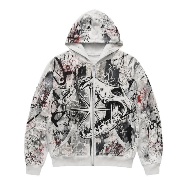 Youth Trendy 3D Digital Print Hooded Zip-Up Sweatshirt Teens Fall Casual Wear