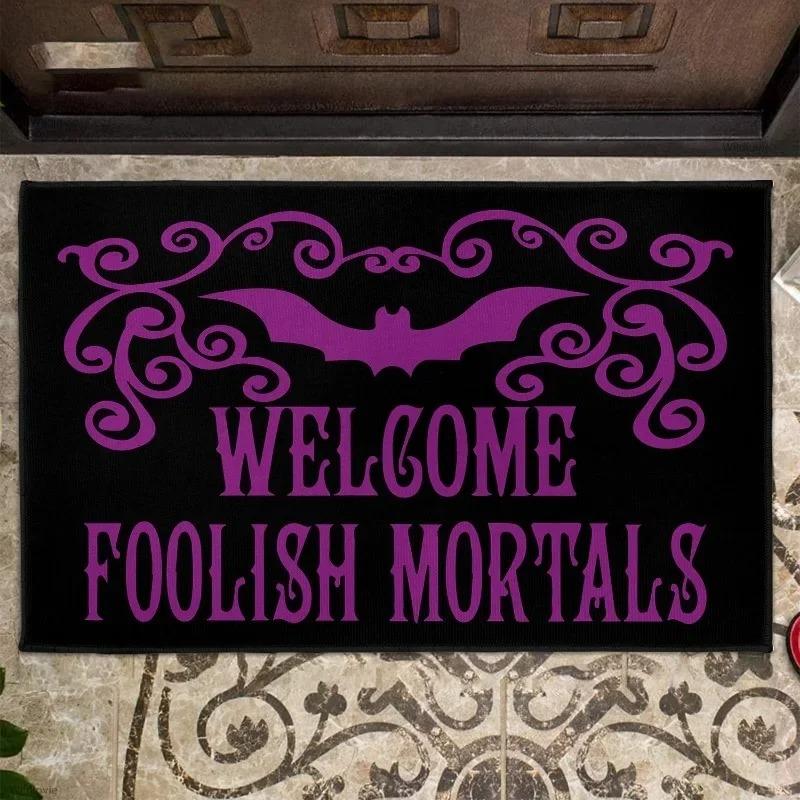 Haunted Mansion Door Halloween Decor Bat Bath Foolish Mortals Non-Slip Entrance Rug Carpet for RV Floor Washable Mat