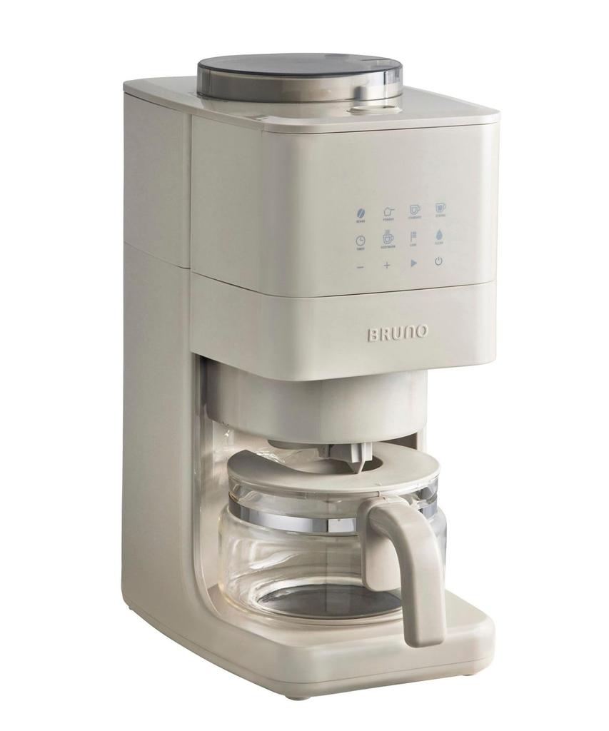 BRUNO Coffee Maker, Fully Automatic, Cone Type, with Coffee Mill, Bean or Powder Compatible, 3-Level Grind Size and Strength Adjustment, Greige,
