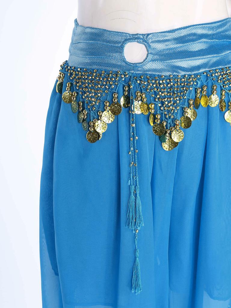 Womens Belly Dance Costume Chiffon Bloomers Plastic Beads Tassels Metallic Ruched Waistband Side Split Pants