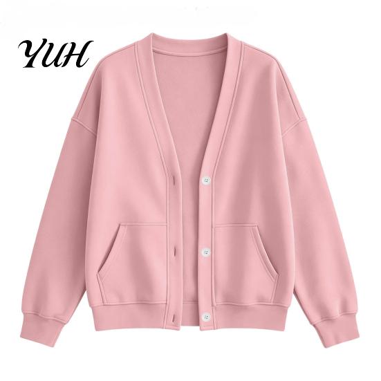 Fall Winter Top Women Button Front V-Neck Cardigan, Solid Color Oversized Sweatshirt with V Neck Cardigan Dual Pockets, Long Sleeve Casual Jacket for