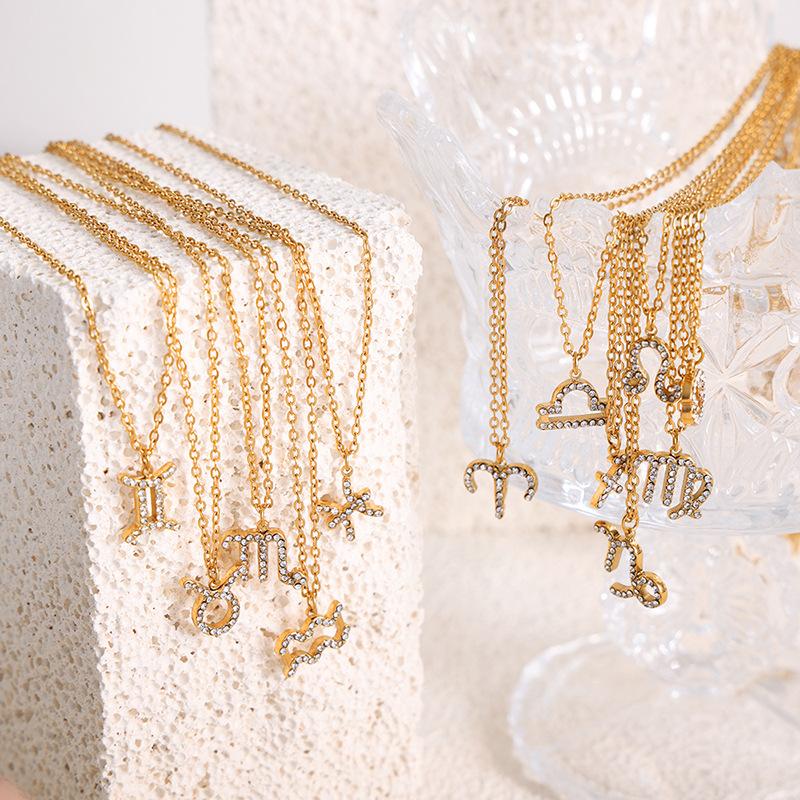 Подвеска «Двенадцать созвездий» в стиле французского хип-хопа, ожерелье-цепочка на ключицу со стразами в виде рыб и тельцов, титановая сталь, настоящее золото, девушка