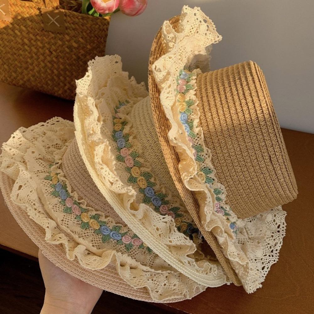 Кепка с широкими полями, кружевная, с цветочным узором, плоская сверху, солнцезащитная шляпа, милая женская шляпа от солнца, для моря