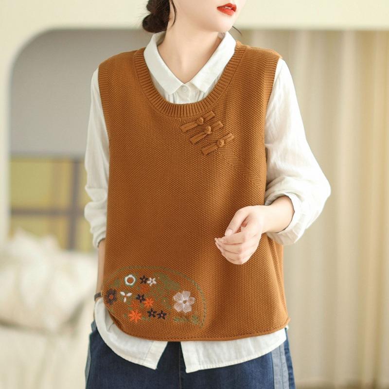 Женский вязаный жилет с культурной застежкой-пуговицей и вышивкой, новинка весны и осени, свитер-жилет с круглым вырезом
