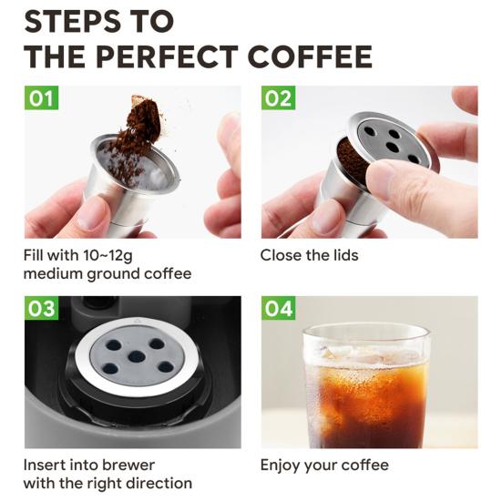 Reusable Espresso Coffee Capsule for Keurig Refillable Coffee Pods with Spoon Brush Coffee Filters Stainless Steel Coffee Capsule Refill Tool