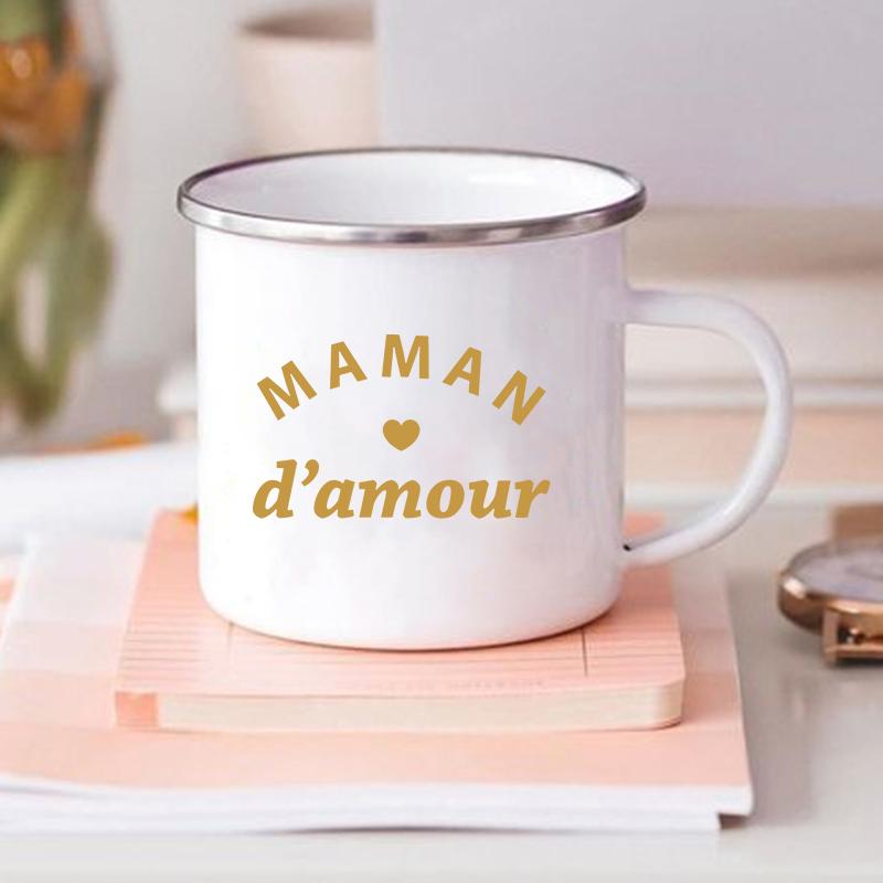 French Flower Maman Printed Mugs Enamel Mug Creative Coffee Cups Drinks Water Milk Cup Home Handle Drinkware Best Mother Gifts
