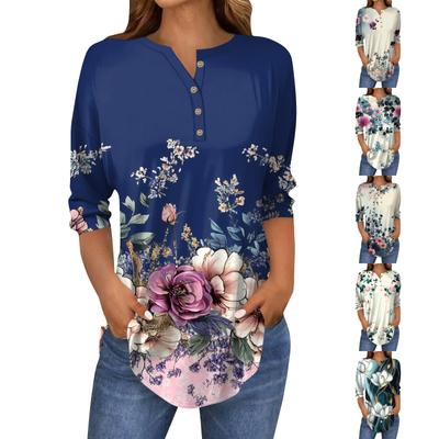 Женская мода свободный воротник на пуговицах с принтом рукав 3/43/4 футболка топы пуловер