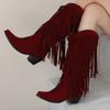 Fashion Women's Knee High Boots Fashion Fringe Winter Shoes Black Red Heeled Long Boot Ladies Party Shoes Large Size 45 New Designer