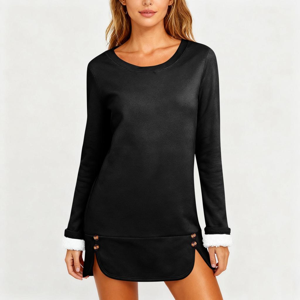 Women's Fashion Solid Color Round Neck Long Sleeve Plush Versatile Warm Bottom Shirt Top