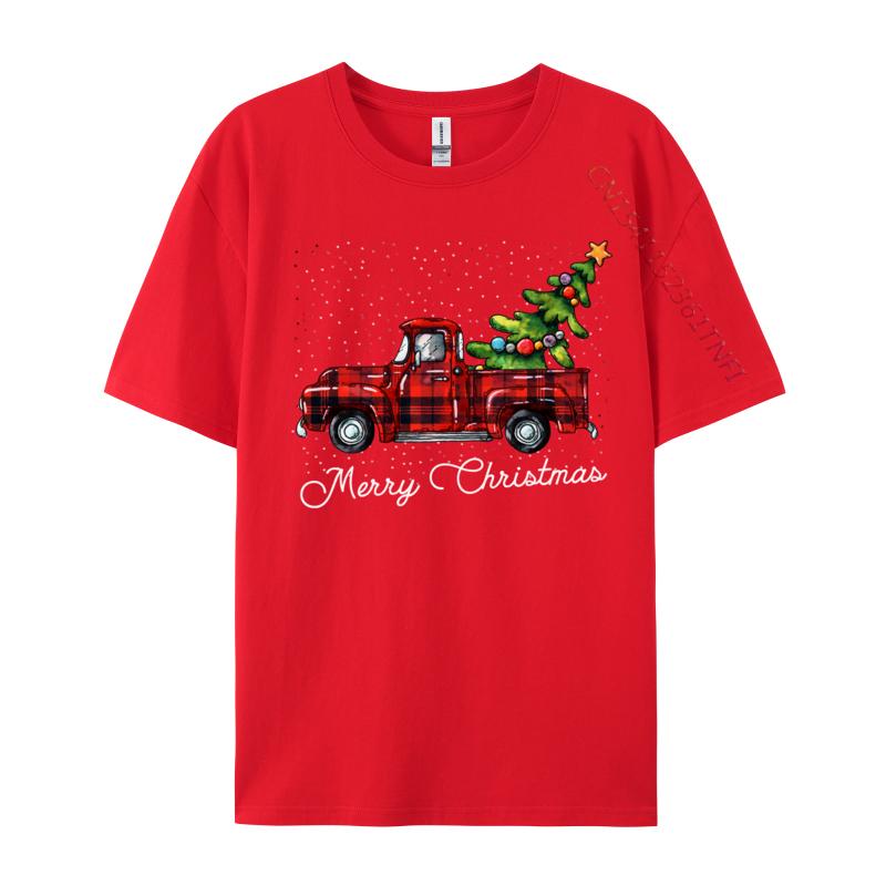 Crafty Merry Christmas Tree On Red Plaid Pickup T-Shirt Men Round-Neck Camisas Casual Tshirt Soft Cotton Fit Tee