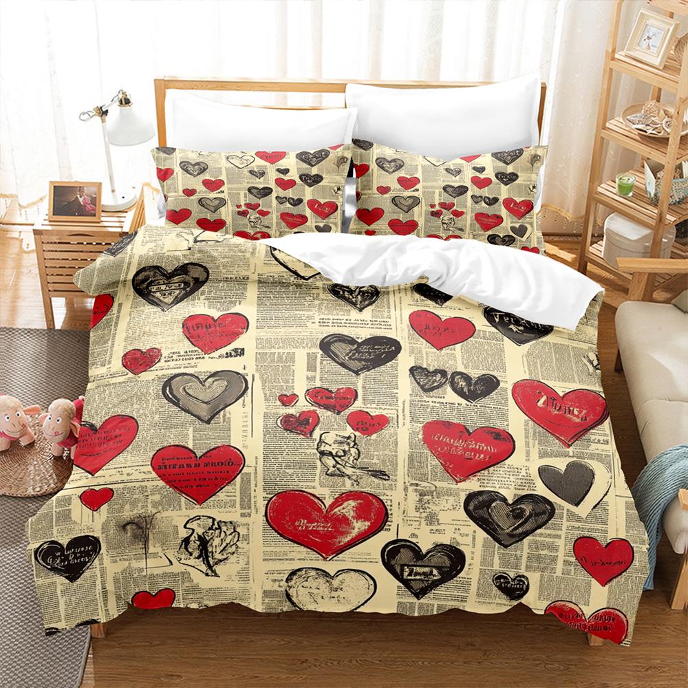 Love Heart And Newspaper Splicing Bedding Set Comforter Cover Soft Romantic Duvet Cover For Girls Women Room Valentine's Day