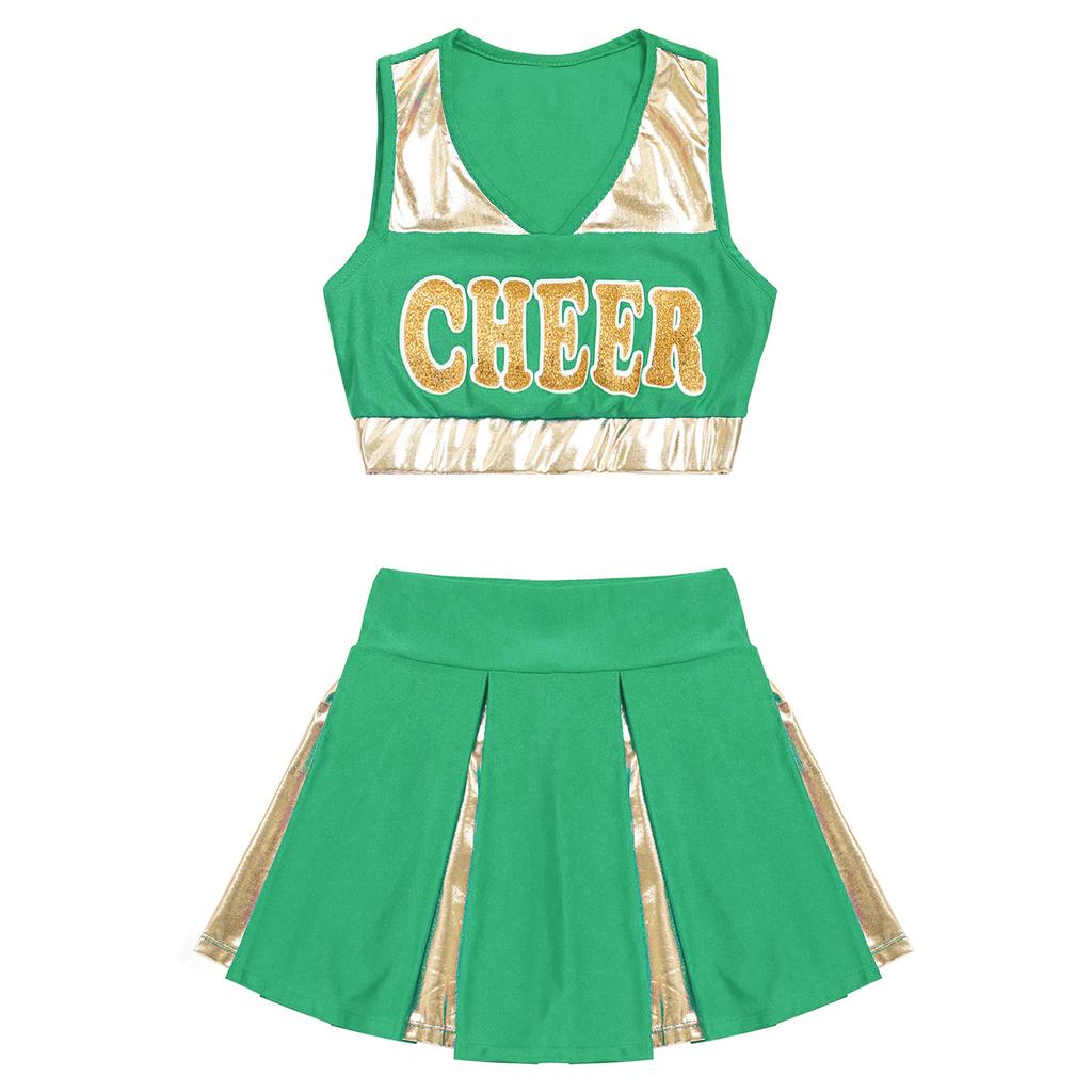 Kids Girls Stylish Cheerleading Dance Wear Sleeveless V Neck Crop Top with Skirt 2Pcs Clothes Set