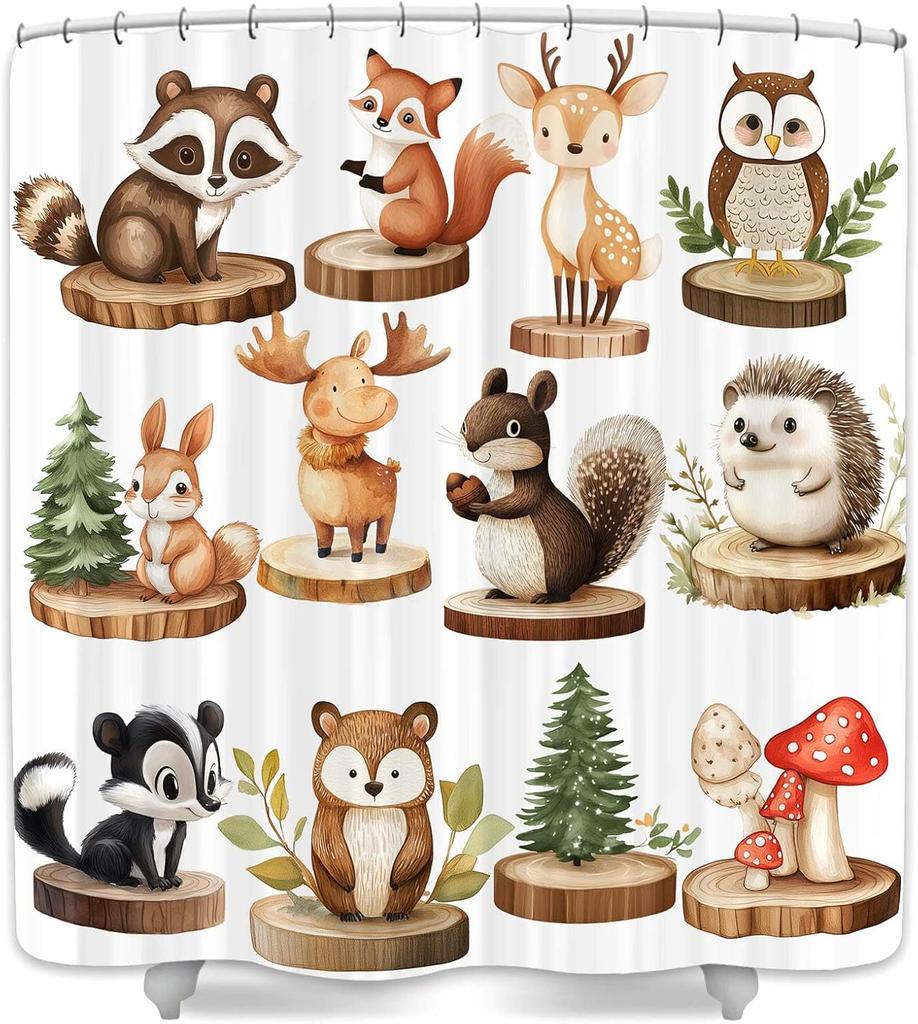 Animals Shower Curtain for Kids,Painted Tropical Animals Bathtub Curtain,Cartoon Cute Squirrel Raccoon Hedgehog Bathroom