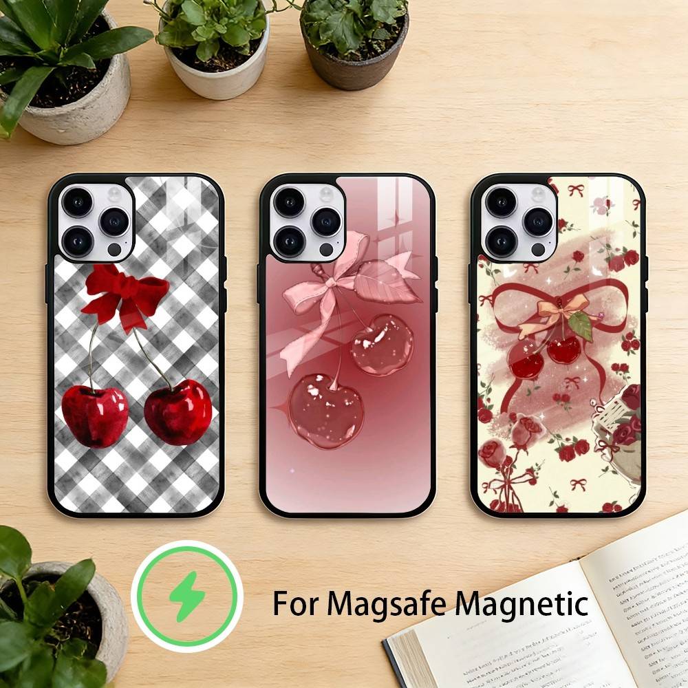 Чехол для телефона с вишнями и бантами для iPhone 17/16/15/14/13/12/Plus/Pro/Max для магнитной беспроводной зарядки