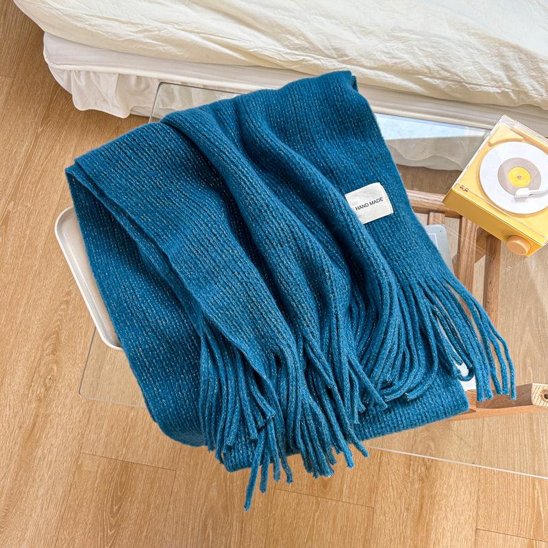 Вязаный шерстяной шарф в корейском стиле для женщин, зимний новый однотонный белый студенческий длинный теплый шарф высокого класса