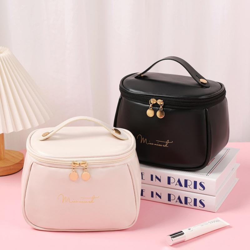 Stylish PU Leather Toiletry Organizer Bag, Large Capacity Makeup Pouch with Built-in Brush Slots
