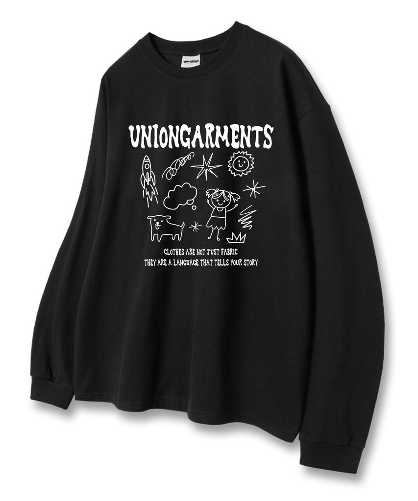 UNION GARMENTS Cutie Girl Sketch Loose Fit Long Sleeve T-Shirt Black [Basic Or Ribbed]
