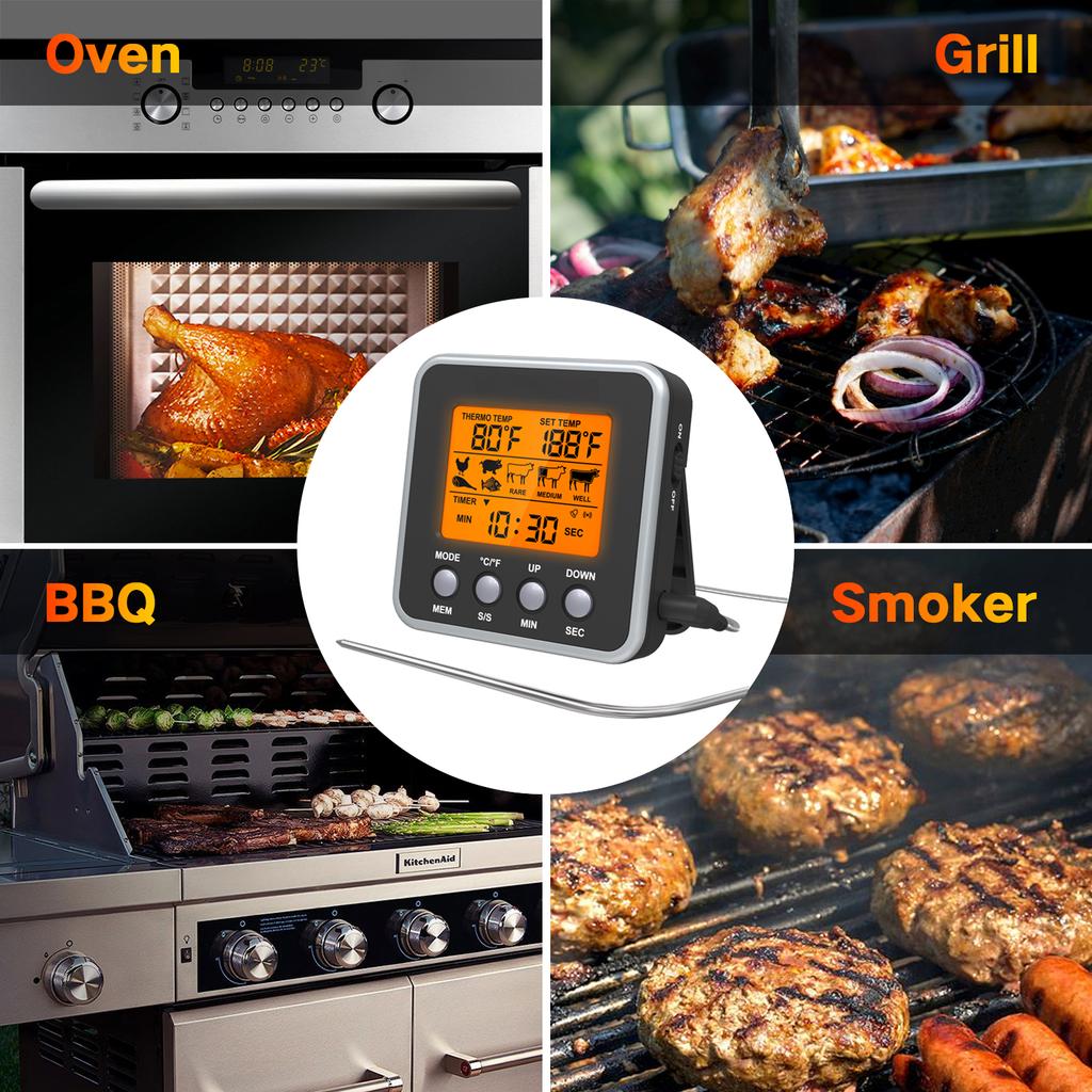 Digital Meat Thermometer Smoker Candy Food BBQ Cooking Thermometer for Grilling Oven Deep Fry with Smart Kitchen Timer Mode