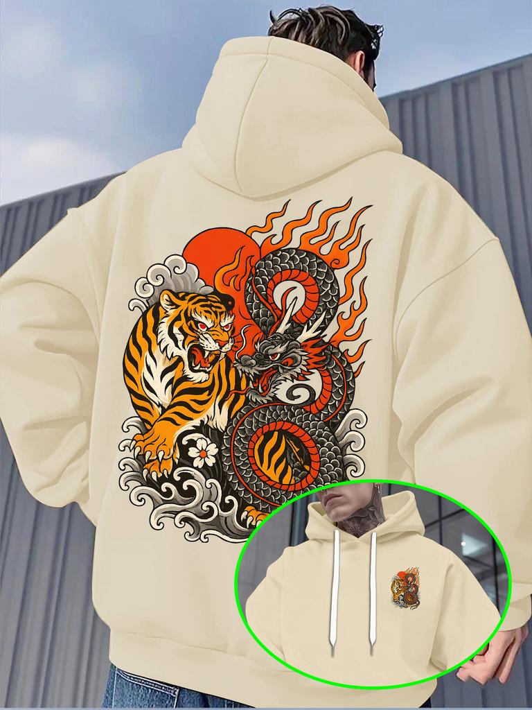Men's Autumn/Winter Hooded Sweatshirt with Japanese-style Tiger and Dragon Print, Versatile Casual Loose Fit, Youth Sports Shirt