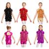 Girls Jazz Dance Costume Mock Neck Short Sleeve Tiered Ruffle Cutout Top Metallic High Waist Shorts Set