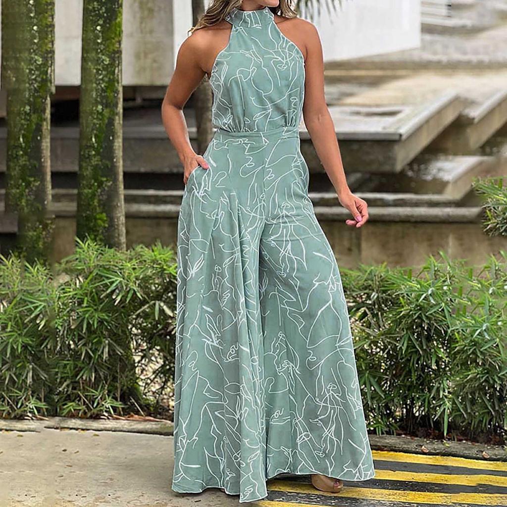 Женский темпераментный элегантный комбинезон без рукавов с завязками на талии и подвесным воротником с принтом