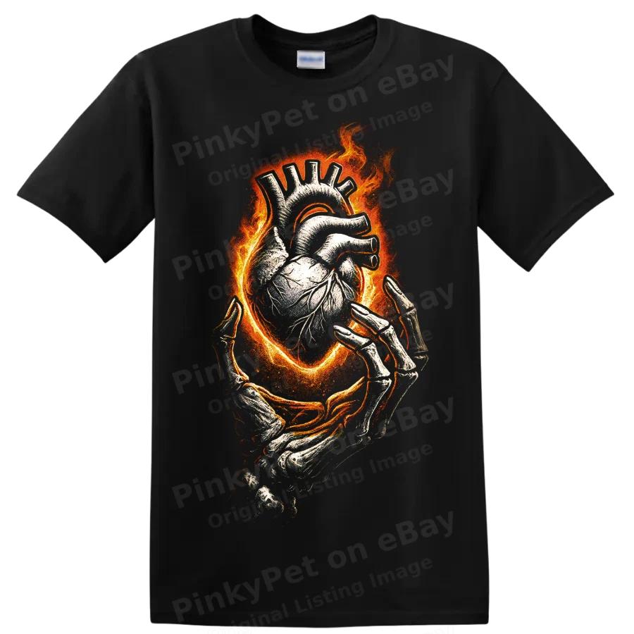 Flaming Anatomical Heart Skeleton Hands Gothic Horror T Shirt Graphic Tee Art