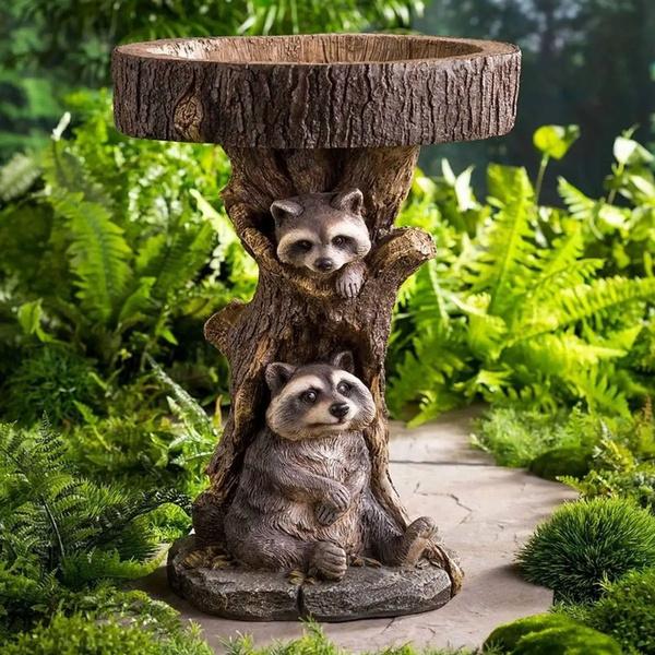 Resin Animal Raccoon Dog Rooster Owl Bird Bath Courtyard Balcony Resin Animal Statue Resin Antique Garden Bird Bath