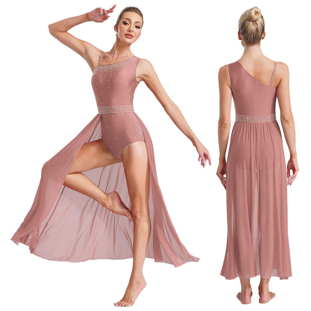 Прозрачное сетчатое платье для лирического танца женское без рукавов с высоким разрезом асимметричное плечо блестящие стразы