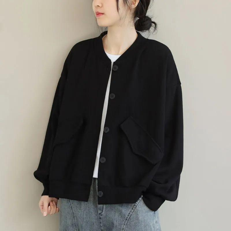 Женская хлопковая свободная литературная короткая куртка с длинными рукавами, однотонный воротник-стойка, универсальная повседневная блузка с карманами, прикрывающая мясо