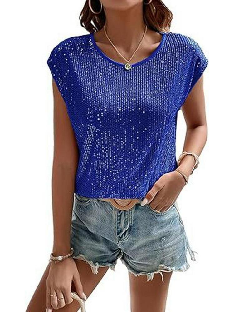 Женская футболка с рукавами-крылышками, пайетками и блестками, круглый вырез, модный топ 2024