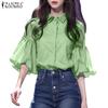 Women Casual Turn Down Collar Ruffles 3/4 Sleeve Loose Blouse