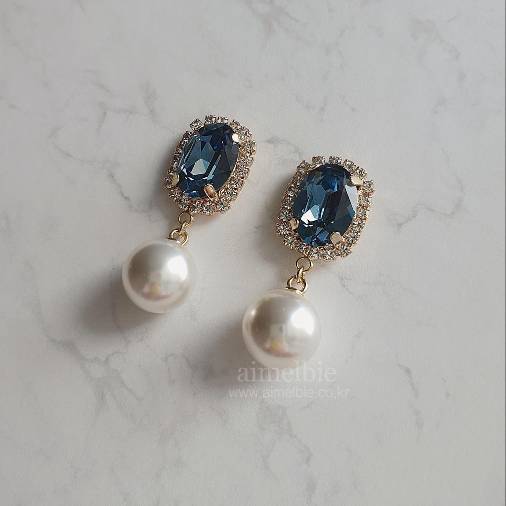 Элегантные овальные серьги с кристаллами и жемчугом - темно-синий