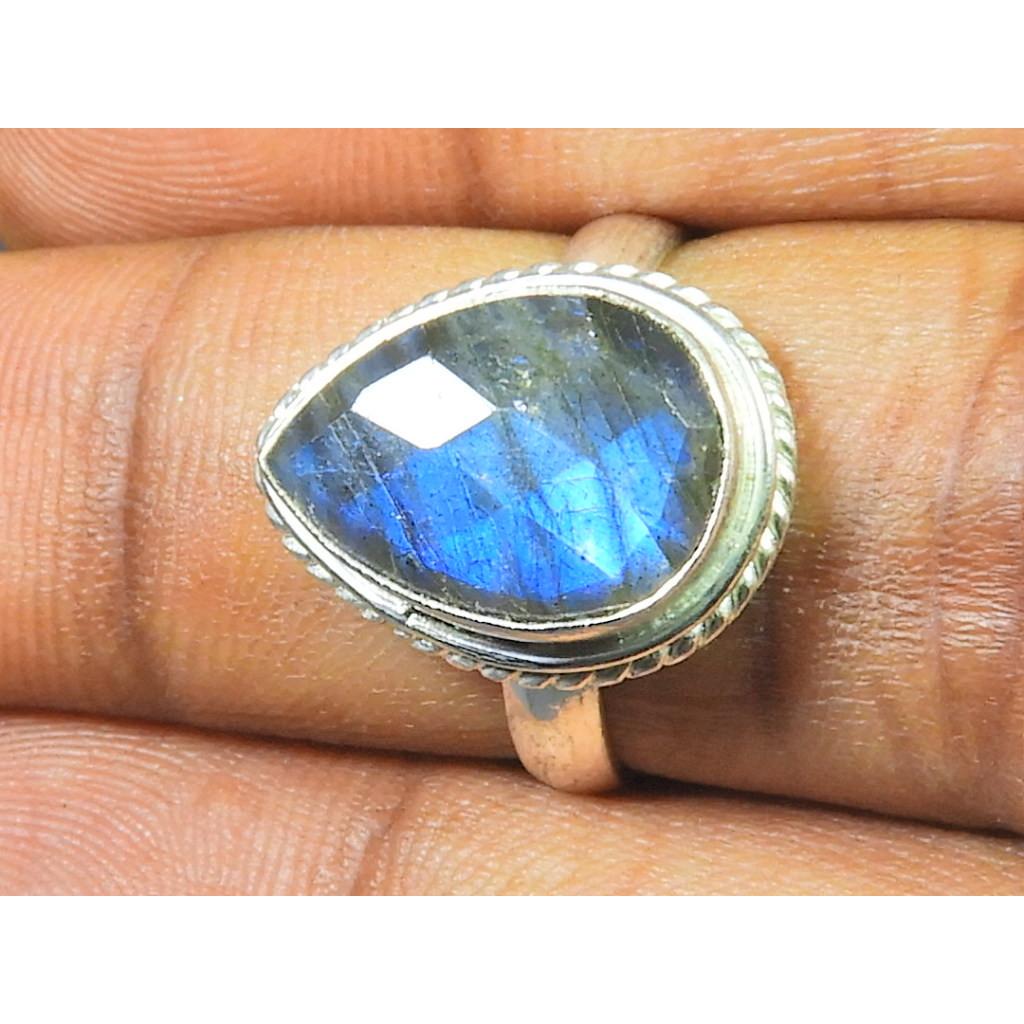 Natural Labradorite 925 Sterling Silver Pear Handmade Vintage Ring Size US-7 MK-57