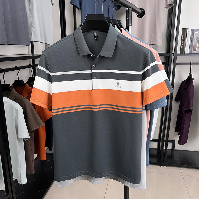 Футболка мужская тяжелая и тонкая вышивка с прямым воротником-лацканом и короткими рукавами в деловом стиле с простым и красивым низом