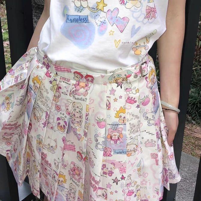 Y2k Harajuku Streetwear Юбка Женская Японская Мода Милая Милая Плиссированная Юбка с Мультяшным Принтом Мягкая Девушка Лето