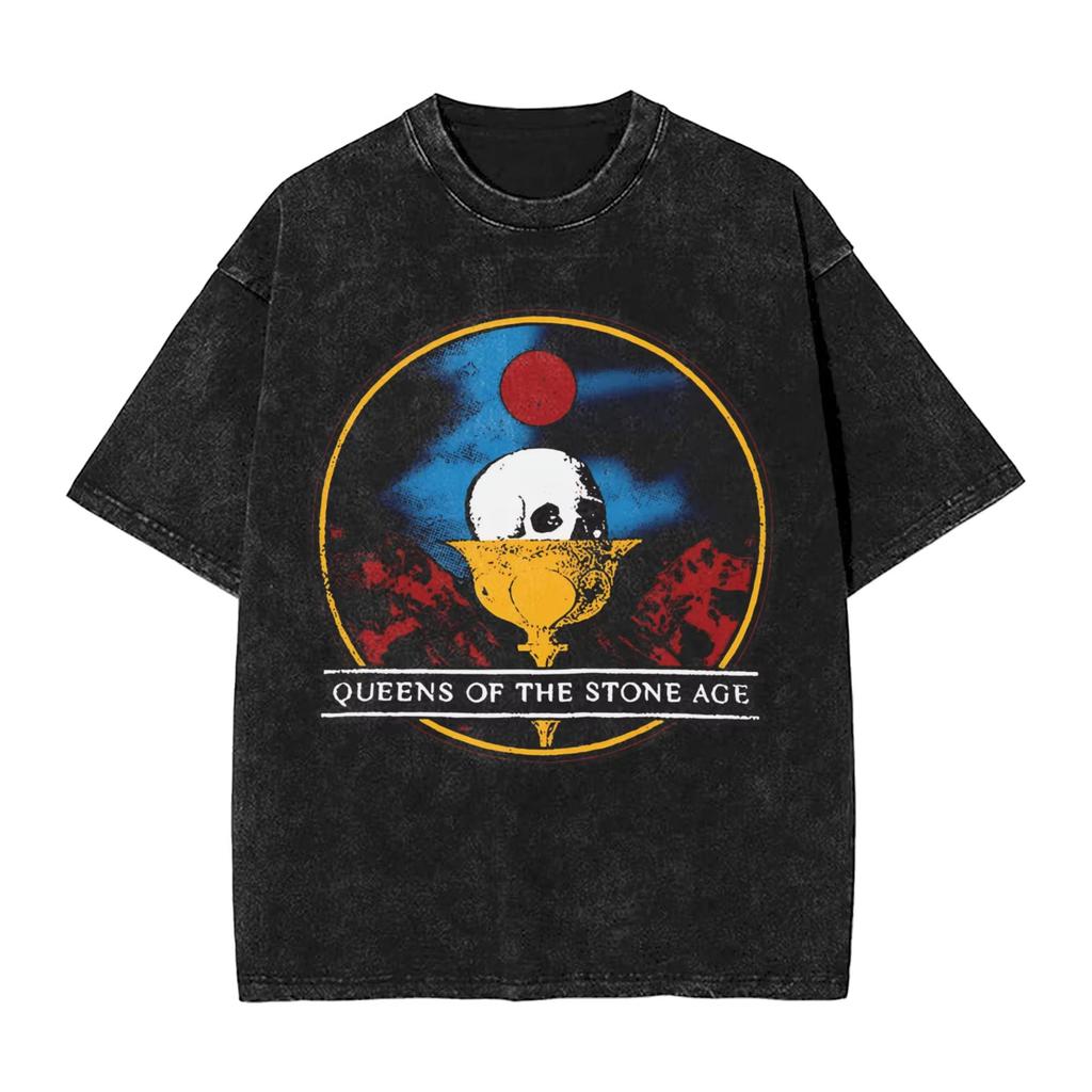 Retro Queen of The Stone Age Band Men's T Shirt Washed Humor Tees Short Sleeve Round Collar T-Shirt Pure Cotton Clothes