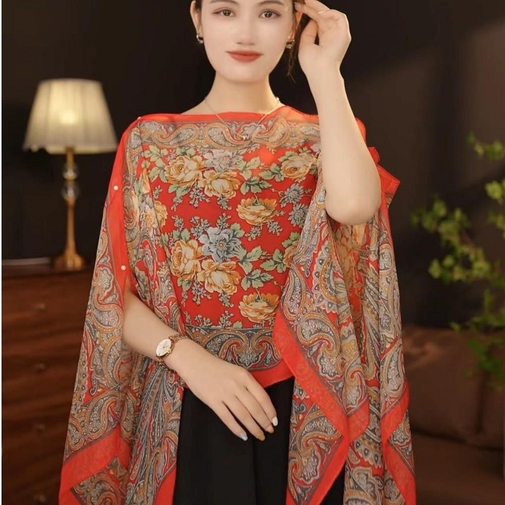 Long Length Sun Protection Shawl Flower Pattern Chiffon Scarf Breathable Shawl  Outdoor Activities