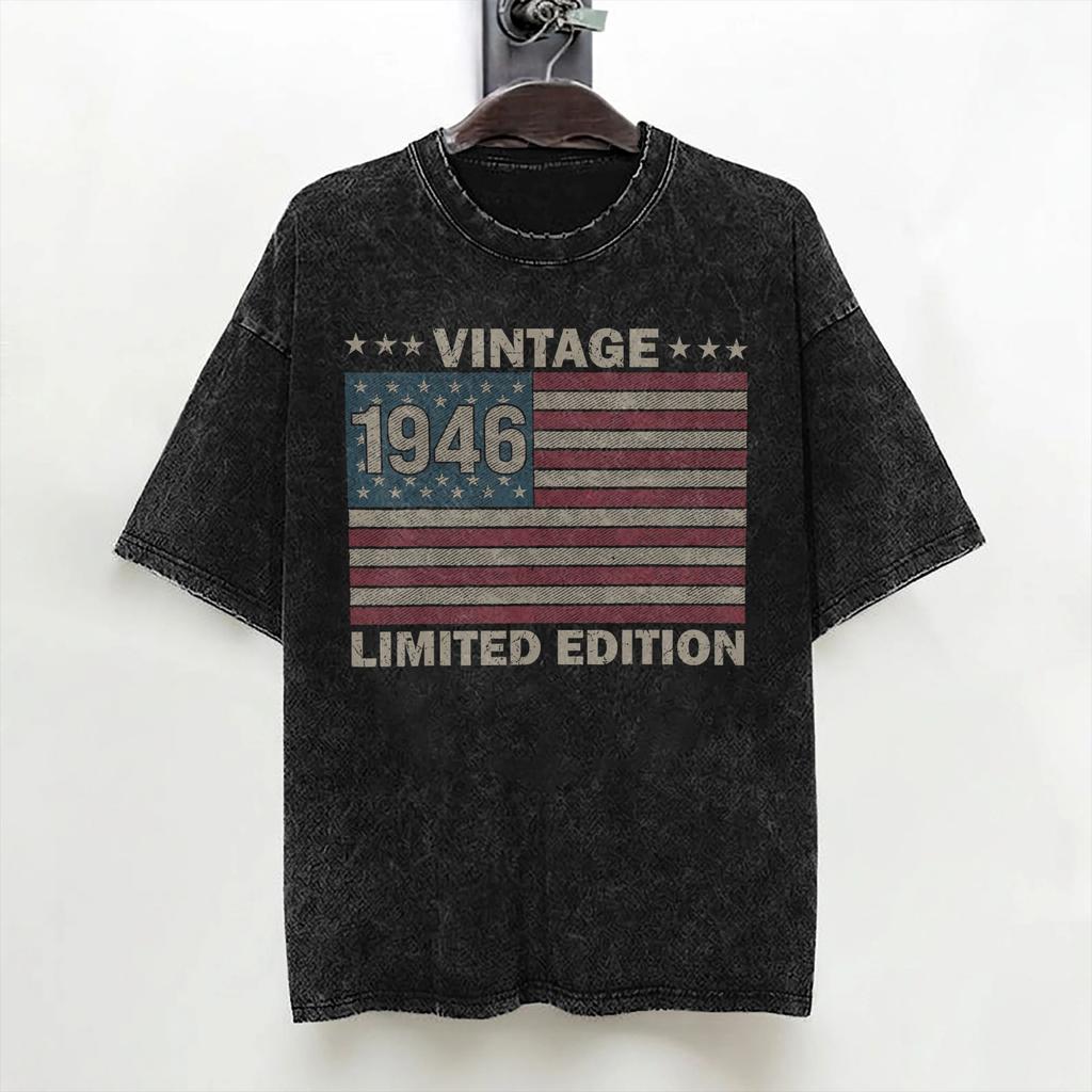 80th Birthday Born 1946 80 Year Old T Shirt Washed Cotton TShirts USA Flag Fashion Men Women Streetwear Printed Tees