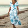 Fashion Women's Summer V-neck Short Sleeve Tie- Retro Print Beach Dress