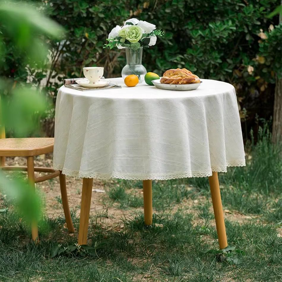 Linen Cotton Round Tablecloth Ruffle Table Cloth Vintage Dining Table Cover For Kitchen Coffee Table Party Birthday Decor
