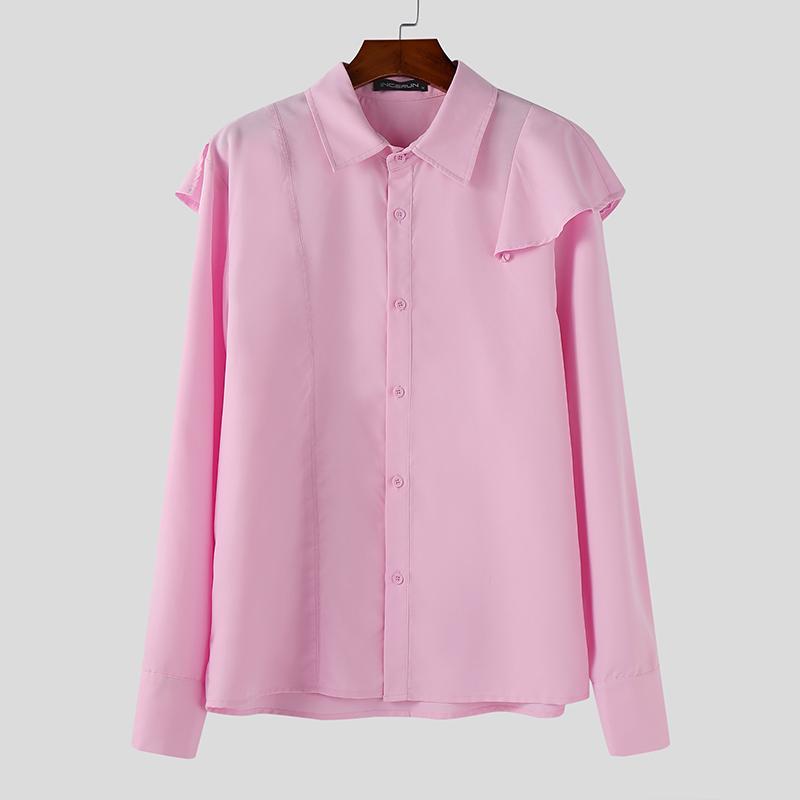 INCERUN Men Lapel Neck Ruffled Shoulder Long Sleeve Buttons Up Casual Shirts