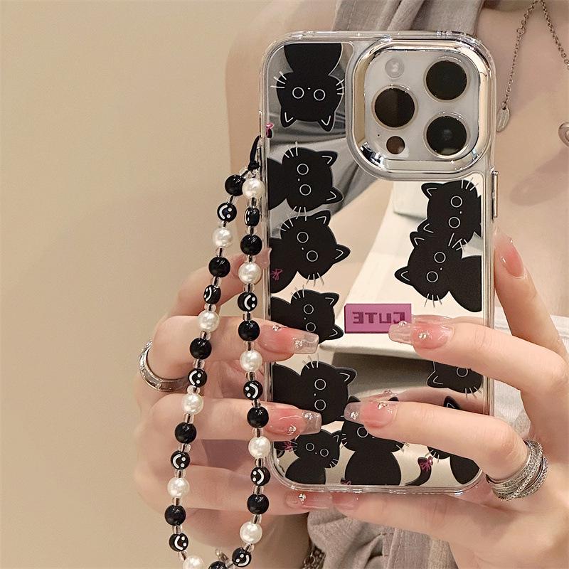 Cartoon Silicone iPhone 15 Pro Case with Mirror and Bracelet for Apple 12 and 14 Pro Max