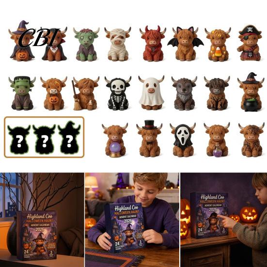 Stocking Stuffers for Kids Halloween Highland Cow Advent Calendar, 24 Days Surprise Countdown Calendar with Souvenirs Mini Acrylic Ornaments,