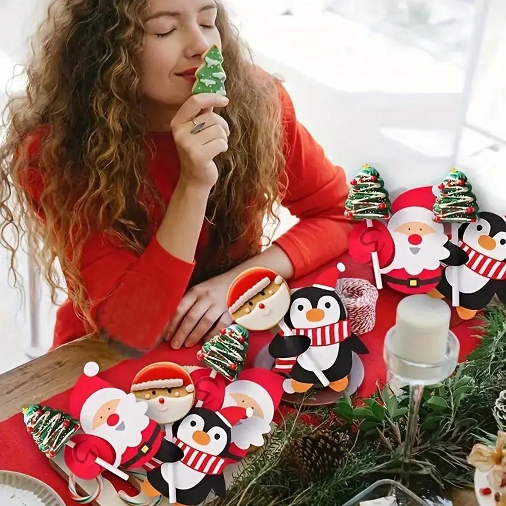 50/100pcs Christmas Lollipop Paper Cards Cartoon Santa Claus Penguin Snowman Kids Candy Gifts Package Wrapping New Year Party