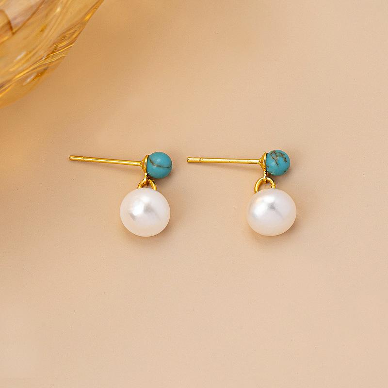 Niche design slender blue turquoise gold bead necklace 911 sterling silver national style literary fashion sweet necklace