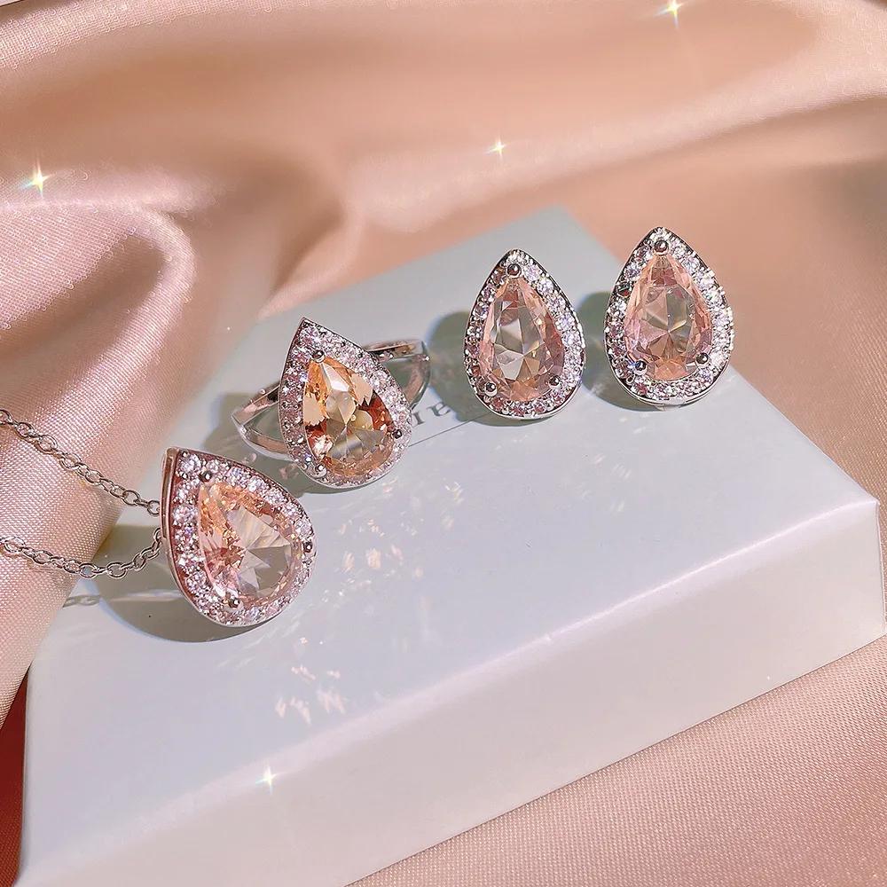 100% Оригинальный Стерлинговое Серебро Набор 3 цвета Капля Воды Огранка 1.0ct Фианит Кольцо&Серьги&Ожерелье Набор для Женщин