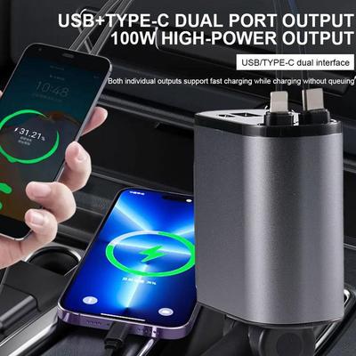 120 Вт 4 в 1 Выдвижной Автомобильный Зарядник USB Type C Кабель Для iPhone Быстрый Шнур Адаптер Прикуривателя