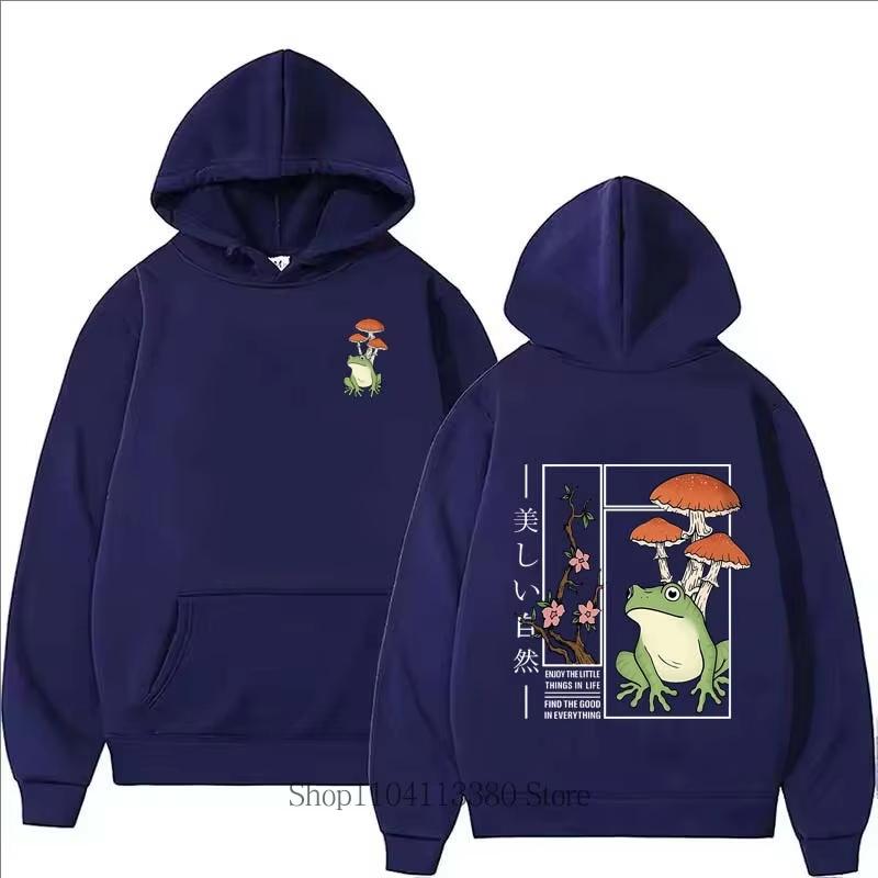 Cozy Fleece Hoodie Men's Loose Fit Casual Outdoor Pullover with Pockets, Frog & Mushroom Print "Find the Good in Everything"