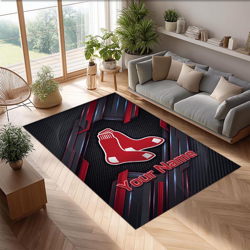 Boston Red Sox Crystal Velvet Rug, Custom Name Text Personalized Non‑Slip Floor Mat for Home Decor Gift